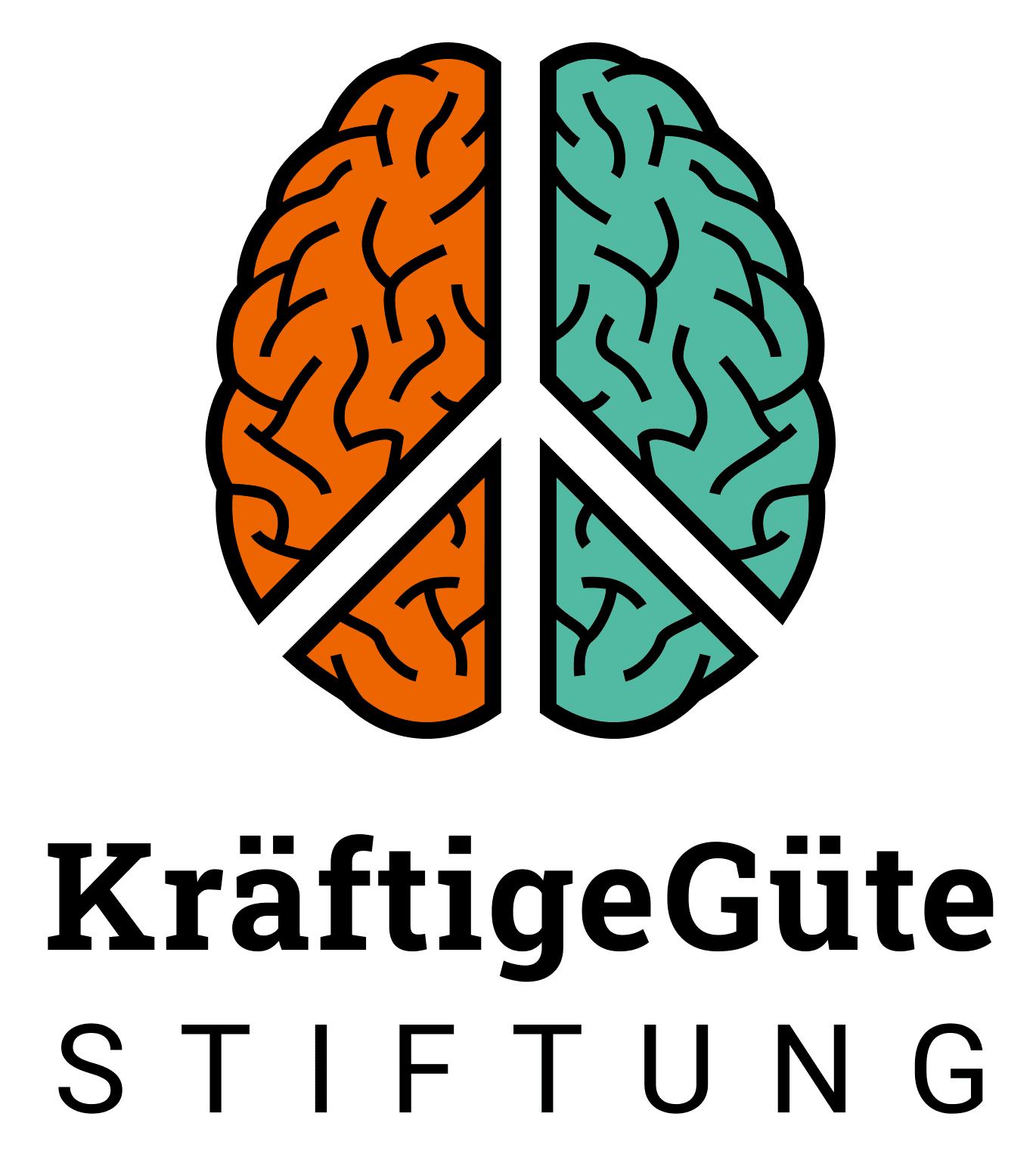 Logo der KräftigeGüte Stiftung: Stilisiertes Gehirn in Orange und Türkis, geteilt durch ein weißes Friedenszeichen; darunter der Schriftzug „KräftigeGüte Stiftung“.