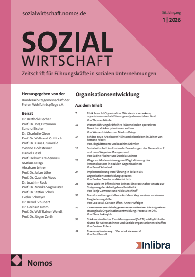Cover der Zeitschrift „SOZIALwirtschaft“ (Ausgabe 1/2026) in Rosa-Pink; Titel, Untertitel und Liste von Fachartikeln zur Organisationsentwicklung sowie Verlagslogos Nomos und inlibra.