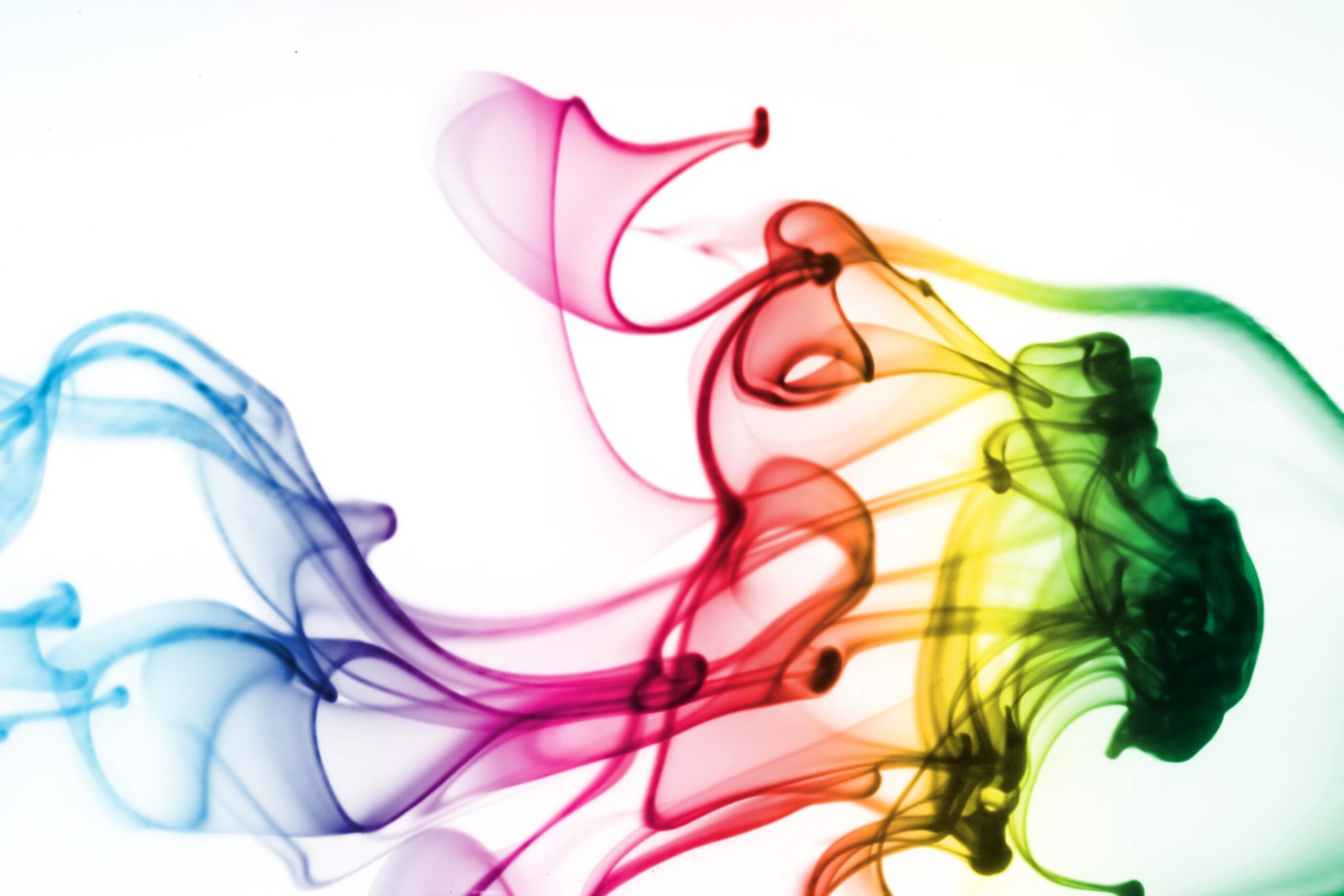 Abstract Effect Diversity Bild: Dieses Bild zeigt bunte Tinte in Regenbogenfarben, die sich in Wasser gegen einen weißen Hintergrund mischt, als Symbol für Vielfalt.